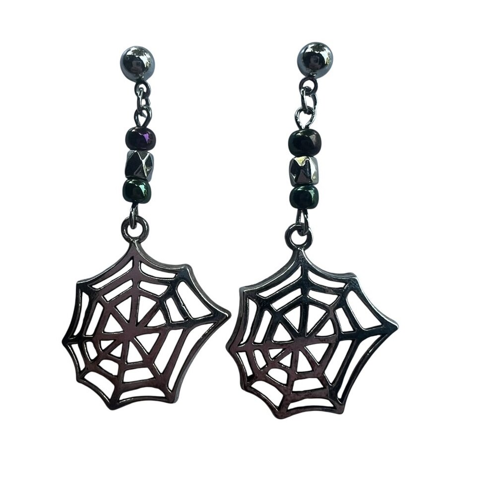 Silver Spider Web with Iridescent Beads Stud Earrings
